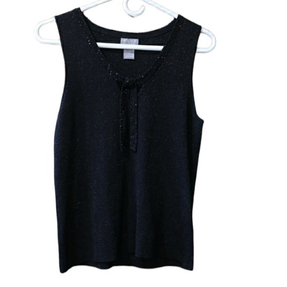 Sigrid Olsen Black Sparkly Beaded neck Bow Knit Tank Top Medium - Picture 1 of 12